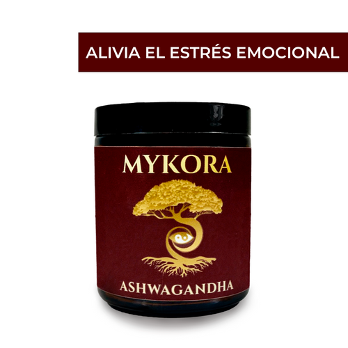 Frasco de adaptógeno Ashwagandha Mykora en polvo, diseñado para aliviar el estrés y la ansiedad, mejorar el equilibrio emocional y apoyar el descanso, con fondo blanco y etiqueta distintiva