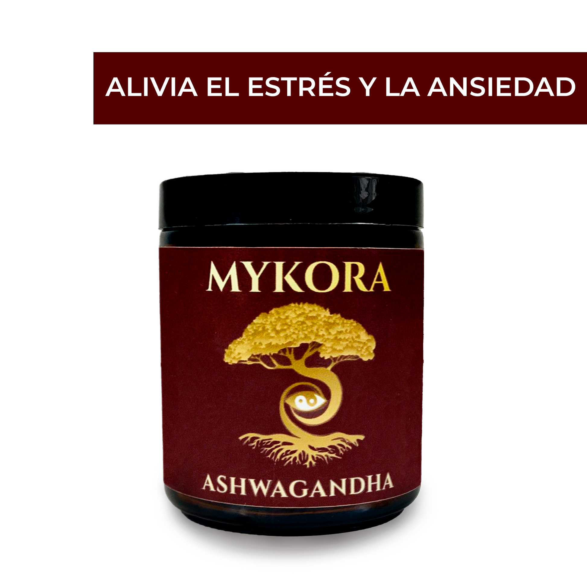 Frasco de suplemento adaptógeno Ashwagandha Mykora en polvo, diseñado para aliviar el estrés y la ansiedad, mejorar el equilibrio emocional y apoyar el descanso, con fondo blanco y etiqueta distintiva