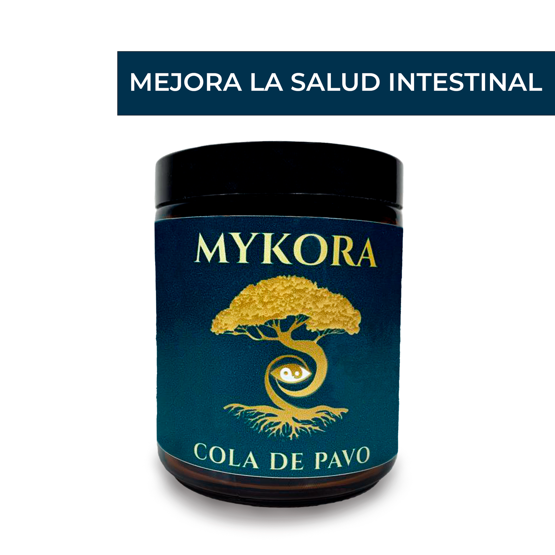Frasco de suplemento adaptógeno Cola de Pavo Mykora en polvo, diseñado para mejorar la salud intestinal, fortalecer el sistema inmunológico y apoyar el equilibrio digestivo, con fondo blanco y presentación natural