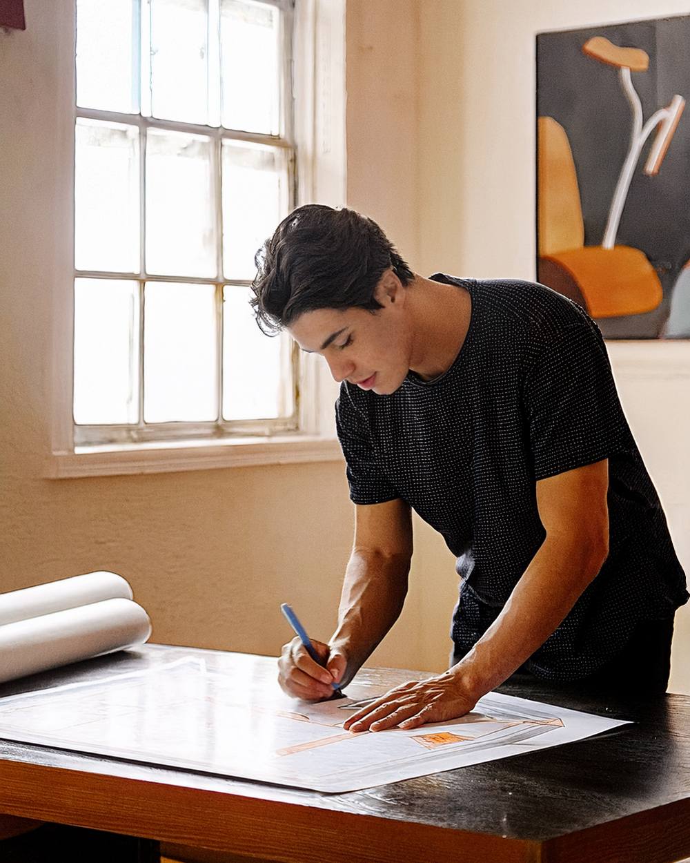 Hombre concentrado en su trabajo, en un entorno tranquilo y ordenado, simbolizando claridad mental y enfoque gracias a Melena de León de Mykora.