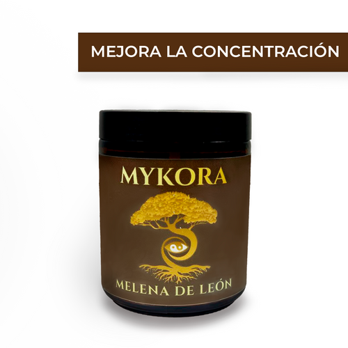 Frasco de adaptógeno Melena de León Mykora en polvo, ideal para mejorar la concentración y claridad mental, con etiqueta verde y fondo blanco.
