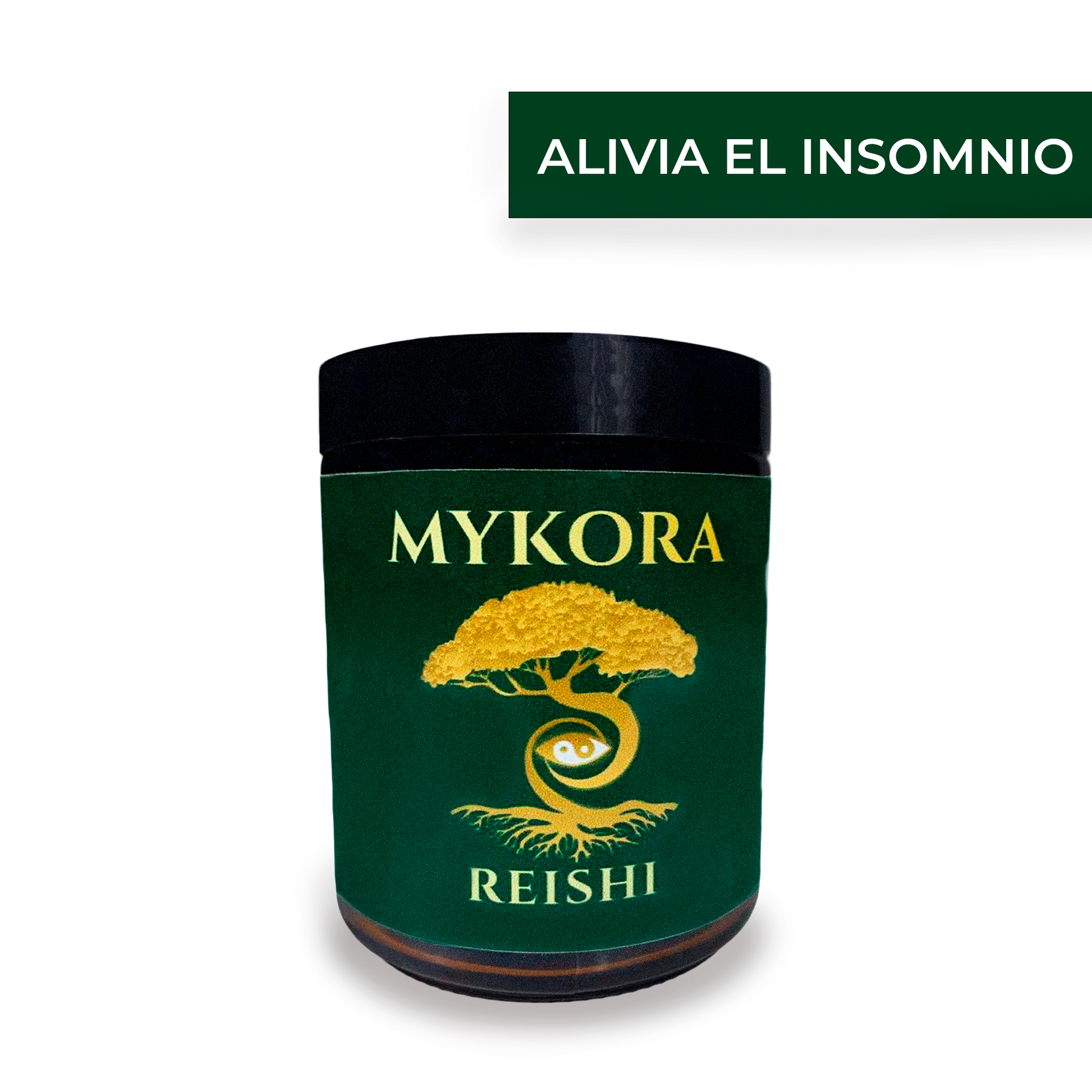 Adaptógeno Reishi Mykora en polvo para aliviar el insomnio, frasco de 100 gramos con etiqueta verde y fondo blanco.
