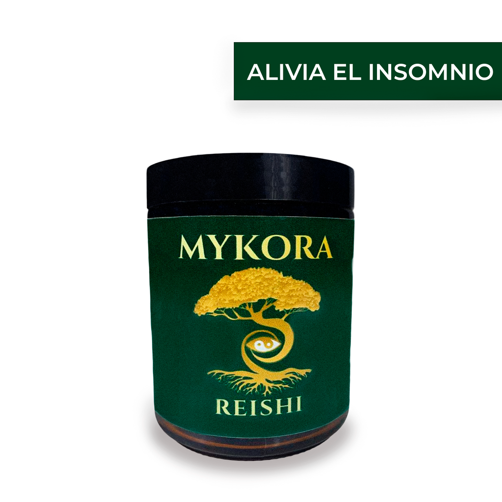 Suplemento adaptógeno Reishi Mykora en polvo para aliviar el insomnio, frasco de 100 gramos con etiqueta verde y fondo blanco.